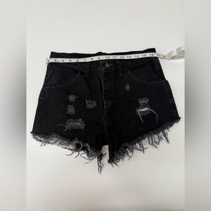 High-Rise Distressed Black Denim Shorts | Raw Hem 100% Cotton